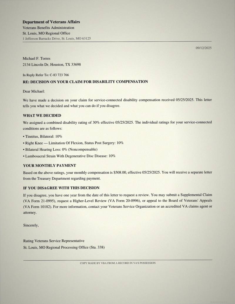 Synthetic VA Award Notification Letter showing combined disability rating, individual condition ratings, and monthly compensation amount