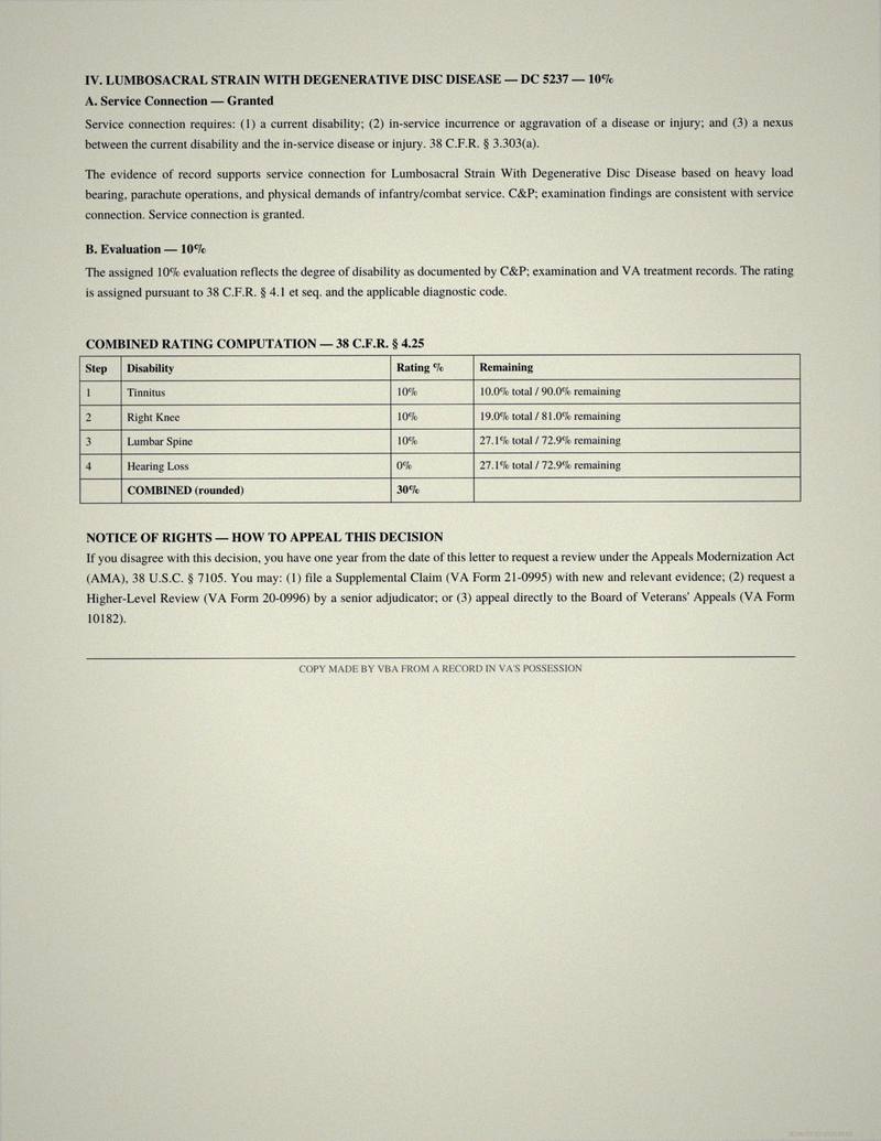 Synthetic VA Rating Decision showing diagnostic code DC 5237, service connection analysis, combined rating computation table using VA whole-person math